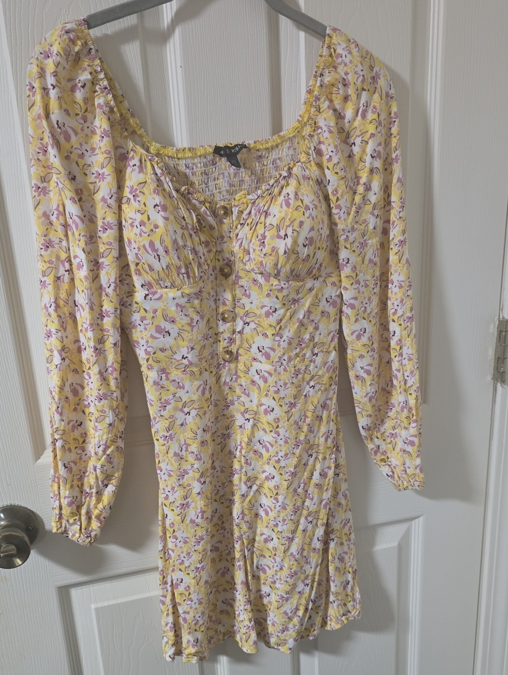 As U Wish Yellow Floral Long-Sleeve Smocked Bust Dress